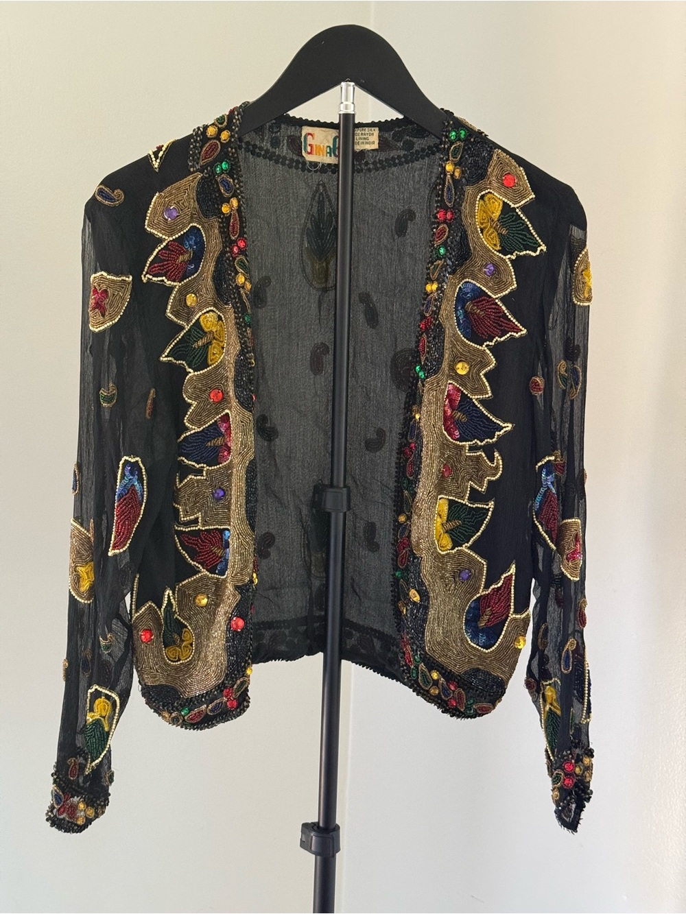 Gina G Black Silk Beaded Sequin Jacket Gold Paisley Statement Bolero - Picture 5 of 5